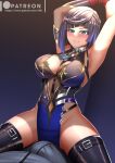  1girl arm_up armpits bangs bdsm blue_hair blush bondage bound breasts cleavage_cutout clothing_cutout cowgirl_position genshin_impact green_eyes hexelica large_breasts short_hair spread_legs straddling tied_up_(nonsexual) yelan_(genshin_impact) 