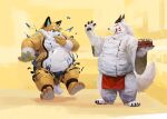  2022 anthro apron belly big_belly bottomwear cake canid canine clothing dessert duo eyes_closed food fox fur hi_res inside kemono kitchen male mammal obese obese_male overweight overweight_male pants racoonwolf shirt topwear white_body white_fur 
