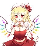  1girl adapted_costume ascot blonde_hair breasts cleavage crystal flandre_scarlet frilled_shirt_collar frills hat looking_at_viewer mob_cap open_mouth pointy_ears puffy_short_sleeves puffy_sleeves raptor7 red_eyes red_skirt short_sleeves simple_background skirt skirt_set solo touhou vest white_background wings wrist_cuffs 