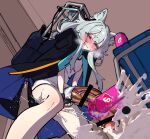 1girl animal_ear_fluff animal_ears arknights bar_censor black_gloves blush can cat_ears censored closed_mouth coat coat_on_shoulders commentary_request cum dress drooling fingerless_gloves foreskin from_below futanari gloves green_eyes grey_hair highres huge_penis long_hair mirin_chikuwa penis phimosis rosmontis_(arknights) sex_toy solo tearing_up urethral_beads veins veiny_penis white_dress 