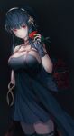 1girl absurdres bangs black_background black_hair bouquet breasts dress flower hair_flower hair_ornament highres large_breasts long_hair looking_at_viewer red_eyes red_flower red_rose rose slime_nyang solo spy_x_family standing yor_briar 