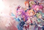  5girls absurdres blonde_hair blue_dress blue_headwear bow breasts colored_tips crown dress elbow_gloves flat_chest flower freyja_wion gloves green_eyes green_hair hair_bow hair_flower hair_ornament hand_on_own_chest highres kaname_buccaneer long_hair macross macross_delta makina_nakajima medium_breasts mikumo_guynemer multicolored_hair multiple_girls open_hand open_mouth orange_hair parted_lips pink_eyes pink_flower pink_rose purple_eyes purple_hair reina_prowler rita_(love_giorno) rose short_hair short_sidetail smile twintails v-shaped_eyebrows walkure_(macross_delta) white_bow white_dress white_gloves 