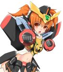  1girl :o airplane_wing black_skirt blush clenched_hands delta_gear frame_arms_girl gaogaigar gaogaigar_(crossframe_girl) midriff navel open_mouth orange_eyes orange_hair personification skirt solo twintails v-fin v-shaped_eyebrows white_background yuusha_ou_gaogaigar yuusha_series 