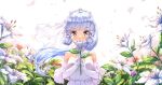  1girl bare_shoulders blue_hair breasts chahei commentary covered_mouth dress elbow_gloves flower genshin_impact gloves grey_eyes highres holding holding_flower kamisato_ayaka long_hair looking_at_viewer petals small_breasts solo strapless strapless_dress symbol-only_commentary upper_body veil white_dress white_flower white_gloves 