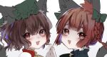  2girls :d animal_ear_fluff animal_ears bell blush bow braid brown_eyes brown_hair cat_ears cat_tail chen eyebrows_visible_through_hair fang green_bow green_headwear hair_between_eyes hair_bow hat holding_hands interlocked_fingers jingle_bell kaenbyou_rin looking_at_viewer mob_cap multiple_girls open_mouth portrait red_eyes red_hair short_hair simple_background smile suzune_hapinesu symbol-only_commentary tail touhou twin_braids white_background 