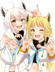  animal_ears bang_dream! blonde_hair blue_neckerchief braid breasts cosplay cowlick crossover detached_sleeves elu_pom eyebrows_visible_through_hair fox_ears fox_shadow_puppet highres hololive hood hoodie kemonomimi_mode long_hair medium_breasts midriff navel neckerchief shirakami_fubuki shirakami_fubuki_(cosplay) side_braid tsurumaki_kokoro virtual_youtuber white_background white_hair white_hoodie 