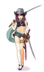  1girl :d brown_hair cowboy_hat dual_wielding fur_scarf hat highres holding jyagi_naoki katana long_hair obi oneechanbara panties sash scabbard sheath single_thighhigh smile solo sword thighhighs toki_ayano underwear weapon white_background yellow_eyes yurucamp 