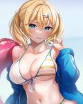  1girl bare_shoulders bikini blonde_hair blue_eyes blue_jacket blue_ribbon blush breasts cleavage collarbone day eyebrows_visible_through_hair front-tie_bikini front-tie_top hair_ornament hairclip hayami_yoichi highres innertube jacket large_breasts lifted_by_self long_sleeves looking_at_viewer multicolored_bikini multicolored_clothes navel off_shoulder open_clothes open_jacket open_mouth original outdoors ribbon short_hair short_twintails solo star_(symbol) star_hair_ornament stomach strap_lift swimsuit twintails v-shaped_eyebrows wet 