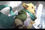  1boy animal_ears animal_nose belly blue_eyes blurry blurry_foreground body_fur cu_sith_(housamo) dog_boy dog_ears fang furry furry_male green_jacket green_scarf grey_background highres hood hooded_jacket jacket male_focus multicolored_clothes multicolored_jacket plump ponzu_tas scarf serious short_hair snout solo tearing_up thick_eyebrows tokyo_afterschool_summoners two-tone_jacket white_jacket yellow_fur 