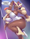  &lt;3 anthro big_breasts black_sclera breasts brown_body dialogue english_text female hi_res high_heels mega_evolution mega_lopunny mleonheart nintendo one_eye_closed pok&eacute;mon pok&eacute;mon_(species) pole red_eyes solo text video_games wink 