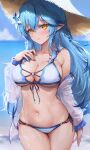  1girl ahoge bikini blue_hair blue_nails blue_sky blurry blurry_background blush breasts cloud colored_tips cowboy_shot day depth_of_field eyebrows_visible_through_hair flower front-tie_bikini front-tie_top hair_between_eyes hair_flower hair_ornament hand_on_own_chest haoni hat heart_ahoge highres hololive horizon large_breasts long_hair looking_at_viewer multicolored_hair nail_polish navel o-ring o-ring_bikini ocean parted_lips pointy_ears side-tie_bikini sidelocks sky solo standing straw_hat streaked_hair swimsuit thighs virtual_youtuber wet white_bikini yellow_eyes yukihana_lamy 