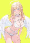  1girl angel angel_wings arm_strap blonde_hair blue_eyes blush braid breasts cleavage closed_mouth cowboy_shot halo hand_on_own_thigh highres kurokin large_breasts long_hair looking_at_viewer navel o-ring original pointy_ears simple_background smile solo thighs wings yellow_background 
