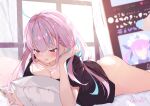  1girl absurdres ahoge ass blush bra braid breasts cellphone cleavage highres hololive huge_ass large_breasts long_hair lying minato_aqua multicolored_hair nail_polish on_bed open_mouth panties phone purple_eyes purple_hair reitou_mkn solo thighs two-tone_hair underwear virtual_youtuber 