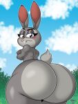  2022 anthro big_butt blush butt cloud day disney female fingers hi_res huge_butt judy_hopps lagomorph leporid looking_at_viewer looking_back looking_back_at_viewer mammal mrxrickyx nude outside purple_eyes rabbit scut_tail short_tail solo zootopia 