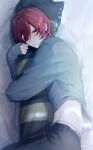  1boy bangs bed black_eyes blush closed_mouth from_side highres hiiragi_hiiro hug looking_away lying male_focus midriff object_hug on_side original pillow pillow_hug red_hair short_hair signature solo sweater 