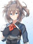  1girl ascot blue_eyes brown_hair commentary_request doradorazz flower gloves highres kantai_collection long_hair looking_at_viewer messy_hair military military_uniform neck_flower one-hour_drawing_challenge red_ascot red_flower red_rose rose sheffield_(kancolle) solo uniform upper_body white_gloves 