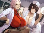  2girls agu_(agrias777) bent_over black_legwear black_skirt blush breasts brown_eyes brown_hair brown_nails chair cleavage coat collarbone crossed_legs doctor garter_straps hanging_breasts hat highres huge_breasts indoors labcoat leaning_forward lingerie long_hair looking_at_viewer multiple_girls nurse nurse_cap office_chair on_chair original pink_hair red_sweater short_hair sitting skirt smile stethoscope sweater teeth thighhighs underwear white_coat 