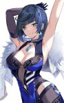  1girl armpits arms_behind_head arms_up asymmetrical_gloves bangs bare_shoulders black_hair black_pants blue_dress blue_hair blush bob_cut breasts cleavage cleavage_cutout clothing_cutout diagonal_bangs dice dress duplicate earrings fur-trimmed_jacket fur_trim genshin_impact gloves green_eyes grin harimoji highres jacket jacket_on_shoulders jewelry large_breasts long_sleeves looking_at_viewer mismatched_gloves mole mole_on_breast multicolored_hair neck_ring pants pelvic_curtain pixel-perfect_duplicate short_hair smile solo tassel tight tight_pants two-tone_hair vision_(genshin_impact) white_jacket yelan_(genshin_impact) 