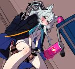  1girl animal_ear_fluff animal_ears arknights bar_censor black_gloves blush can cat_ears censored coat coat_on_shoulders commentary_request cum dress fingerless_gloves foreskin from_below futanari gloves green_eyes grey_hair highres huge_penis long_hair mirin_chikuwa parted_lips penis phimosis rosmontis_(arknights) sex_toy solo table urethral_beads urethral_insertion veins veiny_penis white_dress 