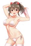  1girl :d armpits bikini bow breasts brown_hair collarbone hair_bow highres hori_yuko idolmaster idolmaster_cinderella_girls looking_at_viewer medium_breasts navel ponytail red_bow red_eyes short_hair simple_background smile solo swimsuit thighhighs tomajiyama white_background white_bikini white_legwear 