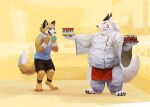  2022 anthro apron belly big_belly bottomwear cake canid canine clothing dessert duo eyes_closed food fox fur hi_res inside kemono kitchen male mammal overweight overweight_male pants racoonwolf shirt shorts topwear white_body white_fur 