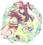  1girl animal_ears bangs basket blush bow_choker breasts brown_eyes brown_hair brown_shirt brown_shorts choker closed_mouth detached_sleeves easter easter_egg egg eyebrows_visible_through_hair flower full_body hand_up highres holding holding_egg iesupa leg_garter leg_ribbon legs long_hair looking_at_viewer medium_breasts navel rabbit_ears rabbit_girl rabbit_tail ribbon rwby shirt shoes shorts smile solo stomach symbol-only_commentary tail thighs velvet_scarlatina wreath yellow_belt 