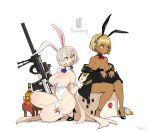  2girls assault_rifle black_jacket blonde_hair bottle breasts cleavage collarbone dark-skinned_female dark_skin detached_collar grey_hair gun hair_behind_ear high_heels holding holding_gun holding_weapon jacket korean_commentary large_breasts long_hair low_ponytail male_playboy_bunny medium_breasts multiple_girls off_shoulder one_(dnjsaos86) original poker_chip rifle short_hair smile squatting thigh_strap very_long_hair weapon 