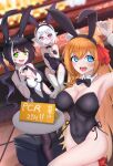  3girls :d absurdres alternate_costume animal_ears armpits bare_legs bare_shoulders black_bow black_bowtie black_hair black_headwear black_legwear black_leotard blue_eyes blurry blurry_background blush bow bowtie braid breasts cat_ears cat_girl chinese_commentary cleavage closed_mouth collarbone counter covered_navel cowboy_shot curled_fingers detached_collar eyebrows_visible_through_hair eyelashes fake_animal_ears fang fishnet_legwear fishnets green_eyes hair_between_eyes high_heels highleg highleg_leotard highres holding holding_tray indoors kamikili karyl_(princess_connect!) knee_up knees_together_feet_apart kokkoro_(princess_connect!) large_breasts leotard long_hair looking_at_viewer medium_breasts multicolored_hair multiple_girls open_mouth orange_hair pecorine_(princess_connect!) pink_eyes playboy_bunny pointy_ears princess_connect! purple_hair red_footwear shadow shiny shiny_skin side-tie_leotard side_braid sitting small_breasts smile sprout_on_head strapless strapless_leotard teeth thigh_gap thighhighs tile_floor tiles tray twintails two-tone_hair upper_teeth v v-shaped_eyebrows white_hair white_legwear wrist_cuffs 