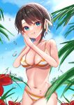  1girl aqua_eyes bangs beach bikini black_hair blush braid breast_squeeze breasts cleavage covered_nipples cowboy_shot flower grin hololive medium_breasts navel ocean oozora_haru oozora_subaru palm_leaf palms_together red_nails short_hair smile solo striped striped_bikini swept_bangs swimsuit virtual_youtuber water 