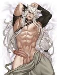  1boy :q abs bara bare_pectorals bishounen bulge come_hither commission erection from_above full_body hakama hakama_pants highres japanese_clothes jouvru kogitsunemaru large_pectorals long_hair male_focus male_pubic_hair muscular muscular_male navel nipples no_male_underwear pants pectorals pubic_hair seductive_smile shrug_(clothing) smile socks stomach thick_thighs thighs tongue tongue_out touken_ranbu uncensored white_hair 