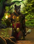  anthro armor biceps digital_media_(artwork) felid fire fireball fur gold_(metal) gold_jewelry hasbro hi_res jewelry lord_windgrace magic:_the_gathering male mammal melee_weapon muscular muscular_anthro muscular_male pantherine solo swamp tall_lizzard_(artist) water weapon wizards_of_the_coast 