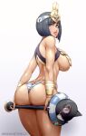  1girl ancient_princess_menace ass black_hair blue_eyes blush breasts dark-skinned_female dark_skin egyptian egyptian_clothes from_behind highres large_breasts lips looking_at_viewer looking_back menace nofuture panties queen&#039;s_blade revealing_clothes scepter setra shiny shiny_hair shiny_skin short_hair sideboob simple_background solo standing striped striped_panties underboob underwear white_background 