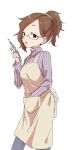  1girl apron brown_eyes brown_hair commentary_request glasses highres holding holding_pencil long_sleeves looking_at_viewer original pencil ponytail purple_sweater ribbed_sweater short_hair simple_background solo standing sweater turtleneck turtleneck_sweater white_background yamamoto_souichirou yellow_apron 