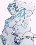  1boy abs bara blue_hair bulge clenched_teeth eyewear_on_head feet_out_of_frame final_fantasy final_fantasy_xiv furry furry_male grey_fur hand_up hellme_grg highres hrothgar jaguar_print large_pectorals looking_at_viewer male_focus male_swimwear muscular muscular_male navel navel_hair nipples pectorals print_male_swimwear short_hair skindentation slit_pupils solo stomach sunglasses swim_briefs tail teeth thick_thighs thighs topless_male 