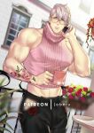  1boy bara bare_arms bare_shoulders black_pants blush calling feet_out_of_frame flower glasses groin holding holding_phone jouvru large_pectorals lips looking_at_viewer male_focus midriff_peek muscular muscular_male navel_hair original outdoors paid_reward_available pants pectorals phone pink_flower pink_sweater red_flower round_eyewear short_hair sideburns sidepec solo stomach sweater turtleneck veins white_hair 