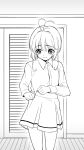  1girl antenna_hair cardcaptor_sakura closet commentary_request dress_shirt greyscale highres indoors kinomoto_sakura long_sleeves looking_down monochrome school_uniform shirt short_hair sidelocks skirt solo tomoeda_middle_school_uniform ukokkei undressing unzipping wavy_mouth white_shirt white_skirt wing_collar 