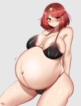  1girl :o absurdres areola_slip areolae arms_behind_back artist_name bangs bayoshii big_belly bikini blush breasts breasts_apart collarbone curvy dark_areolae grey_background hair_ornament highres huge_breasts looking_at_viewer motion_lines orange_eyes outie_navel parted_lips pregnant pyra_(xenoblade) red_hair shiny shiny_hair shiny_skin short_hair sidelocks signature sitting solo sweat swimsuit thick_thighs thighs wide_hips xenoblade_chronicles_(series) xenoblade_chronicles_2 