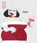  anthro beverage_can big_breasts blush breasts canid canine canis choker christmas cleavage clothed clothing collar domestic_dog dress female holidays jewelry kaydude liquid_on_breast mammal mean_girl_(kaydude) necklace sharp_teeth smile solo spilled_drink sprite_(soda) sprite_cranberry teeth tight_clothing wet white_body wide_hips 