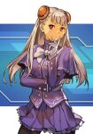  1girl arm_across_waist brown_legwear capcom_fighting_jam fingers_to_cheeks gloves hairpods hungry_clicker ingrid_(capcom) jacket long_hair pantyhose platinum_blonde_hair pleated_skirt purple_jacket purple_skirt red_eyes ribbon skirt smile solo underskirt white_gloves white_ribbon 