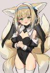  1girl animal_ears arknights bare_shoulders black_leotard blue_hairband blush braid covered_navel cowboy_shot detached_sleeves eyebrows_visible_through_hair fox_ears fox_girl fox_tail green_eyes habit hairband highres interlocked_fingers leotard light_brown_hair long_sleeves looking_at_viewer multiple_tails open_mouth own_hands_together sigm@ simple_background smile solo suzuran_(arknights) tail thighhighs 