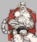  0_0 1boy abs absurdres animal_ears arknights bara bare_pectorals blush covering covering_crotch feet_out_of_frame furry furry_male hellme_grg highres jacket jacket_on_shoulders large_pectorals male_focus mountain_(arknights) muscular muscular_male naked_jacket nipples official_alternate_costume pectoral_lift pectorals scar scar_across_eye scar_on_face short_hair sideburns solo stomach surprised thick_thighs thighs tiger_boy tiger_ears unfinished white_fur wide-eyed 