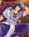  1boy arabian_clothes bishounen earrings feet_out_of_frame hand_on_own_head hoop_earrings jewelry jouvru lips long_hair looking_at_viewer magi_the_labyrinth_of_magic male_focus paid_reward_available pectoral_cleavage pectorals pelvic_curtain purple_hair sinbad_(magi) smile solo spread_legs toned toned_male turban 