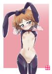  1girl absurdres animal_ears blue_eyes blush bow breasts brown_hair closed_mouth embarrassed eyebrows_visible_through_hair fake_animal_ears girls_und_panzer hair_bow highres meme_attire navel nipples no_bra pussy rabbit_ears reverse_bunnysuit reverse_outfit sakaguchi_karina shiny shiny_hair short_hair small_breasts solo standing yamakake_(tororo1293) 