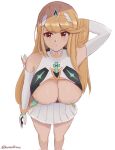  1girl blonde_hair breasts cleavage dayman gem glowing hair_ornament headpiece highres jewelry large_breasts long_hair mythra_(xenoblade) skirt tiara underboob xenoblade_chronicles_(series) xenoblade_chronicles_2 yellow_eyes 