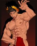  1boy abs bara biceps black_hair black_sclera colored_sclera completely_nude covering covering_crotch feet_out_of_frame green_eyes hades_(game) hand_up hellme_grg heterochromia highres large_pectorals laurel_crown male_focus mismatched_sclera muscular muscular_male nipples nude nude_cover pectorals red_eyes short_hair sideburns solo stomach sweatdrop veins zagreus_(hades) 