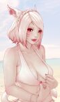  1girl animal_ears avatar_(ff14) beach bikini bikini_pull blonde_hair blue_eyes blurry blurry_background breasts cat_ears cat_tail clothes_pull day facial_mark final_fantasy final_fantasy_xiv front-tie_bikini front-tie_top lips looking_at_viewer medium_breasts miqo&#039;te outdoors short_hair solo soranamae swimsuit tail upper_body whisker_markings 