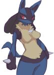  2022 anthro blue_body body_spikes breasts female hi_res looking_aside lucario ninokkkwolf nintendo nipple_outline pok&eacute;mon pok&eacute;mon_(species) red_eyes simple_background solo video_games white_background 