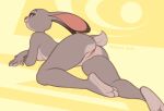  2022 3_toes 4_fingers anthro anus artist_name black_body black_fur breasts butt digital_media_(artwork) disney feet female fingers fur genitals grey_body grey_fur half-closed_eyes helen-ink hi_res judy_hopps lagomorph leporid long_ears looking_at_viewer looking_back looking_back_at_viewer lying mammal multicolored_body multicolored_fur narrowed_eyes nipples nude on_front pink_nipples pink_nose presenting presenting_hindquarters purple_eyes pussy rabbit rear_view scut_tail short_tail side_boob simple_background smile solo toes white_body white_fur yellow_background zootopia 