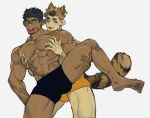  2boys abs animal_ears bara black_male_underwear bulge bulge_to_ass cross_scar dark-skinned_male dark_skin facial_hair goatee grabbing green_eyes hellme_grg highres interracial large_pectorals male_focus male_underwear multiple_boys muscular muscular_male navel nipple_piercing nipples orange_male_underwear original pectoral_grab pectorals piercing raccoon_boy raccoon_ears raccoon_tail scar scar_on_cheek scar_on_face short_hair sideburns spread_legs stomach tail thick_eyebrows thick_thighs thighs topless_male underwear yaoi 