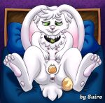  absurd_res anthro anus bed chest_tuft clenched_teeth collar easter easter_egg egg female fur furniture genitals green_eyes hi_res holidays lagomorph leaning leaning_back leporid mammal multi_nipple nipples on_bed oviposition pawpads pillow pussy rabbit signature solo suiro teeth tuft white_body white_fur 